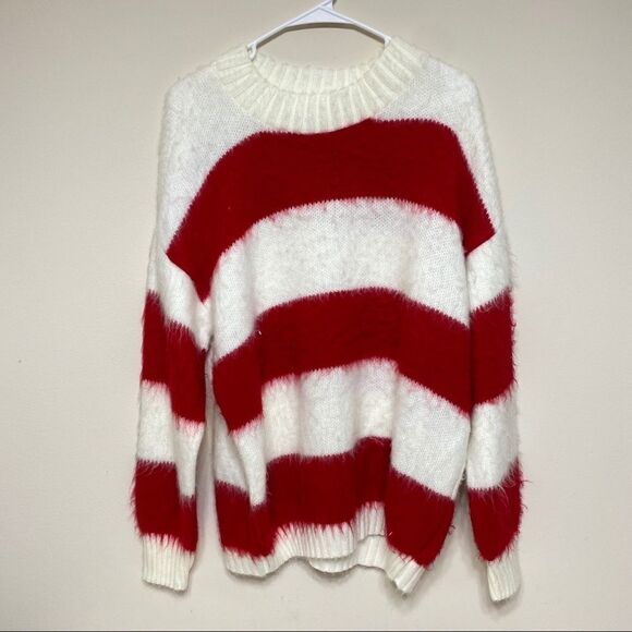 BP Red and White Striped Sweater Oversize XS Women Brushed Pullover - Picture 2 of 7